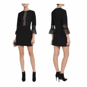NWT! Self-Portrait Black Lace Insert Bell Sleeve Shift Dress. Size 10.